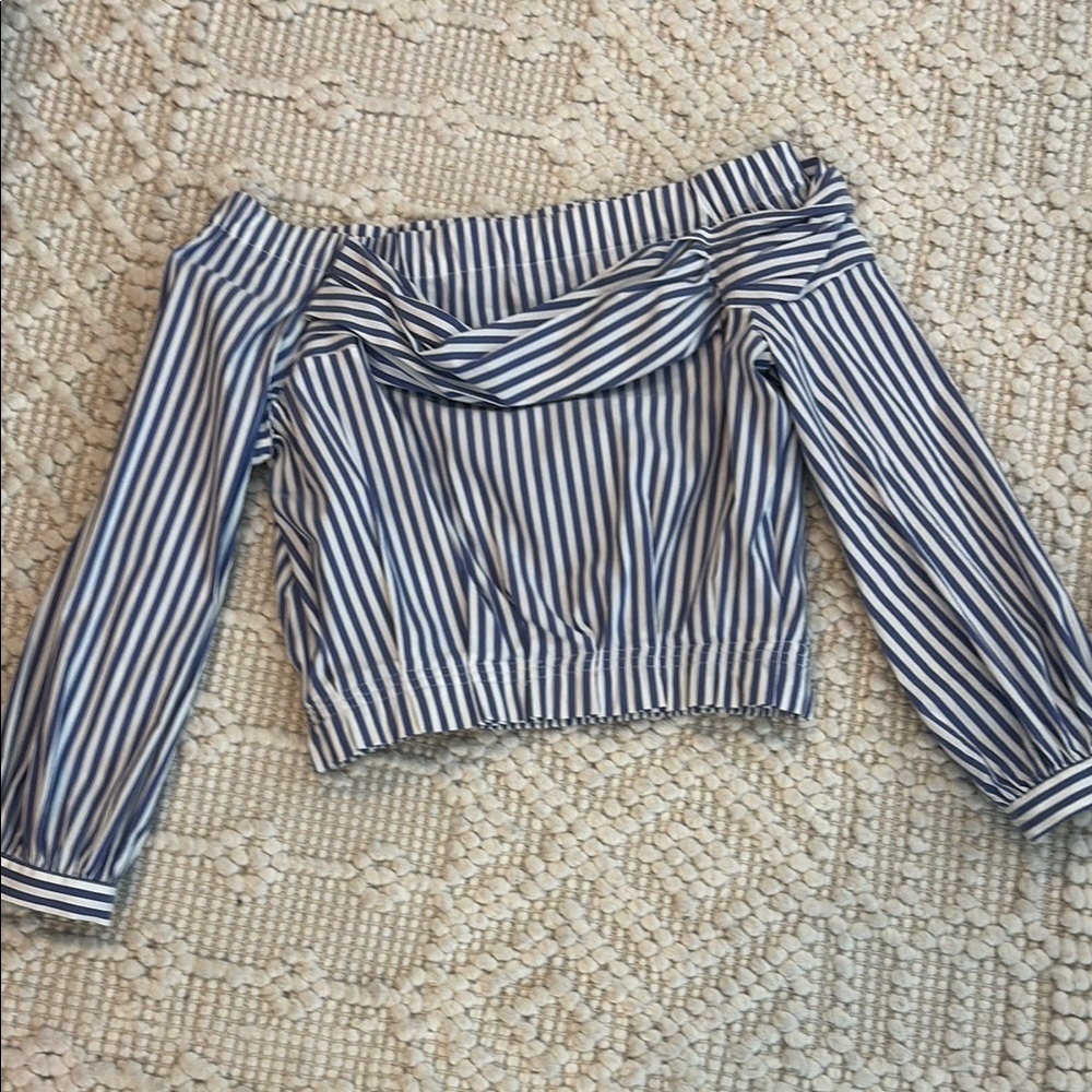 Zara Blue and White Off-Shoulder Crop Blouse
